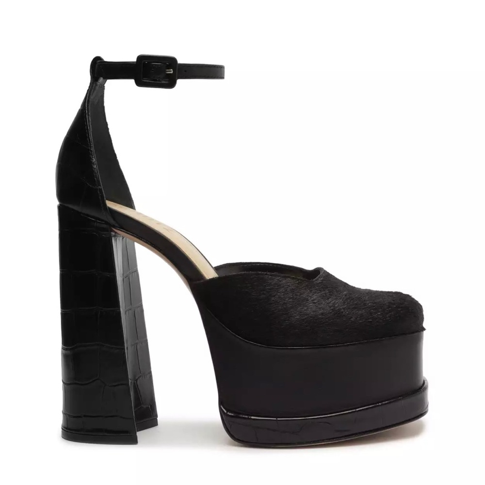 Brand New SCHUTZ Crocodile Embossed Black Platform Heeled Sandals - Size 8